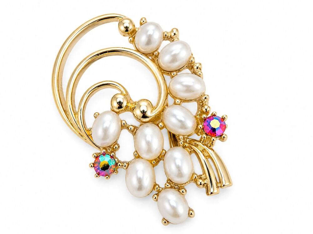 Vtg Mid Century Gold Faux Pearl Swirl Bouquet Brooch Pin Aurora Borealis Stones
